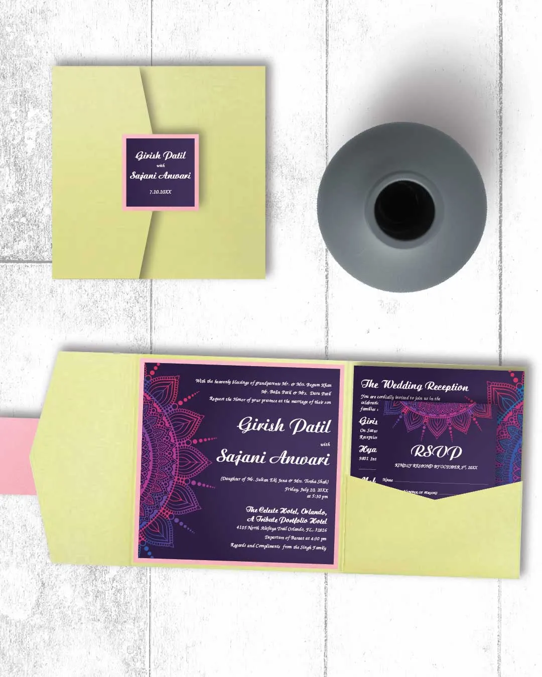 Elegant Mandala 6 1/4 Square Himalaya Pocket Wedding Invitation