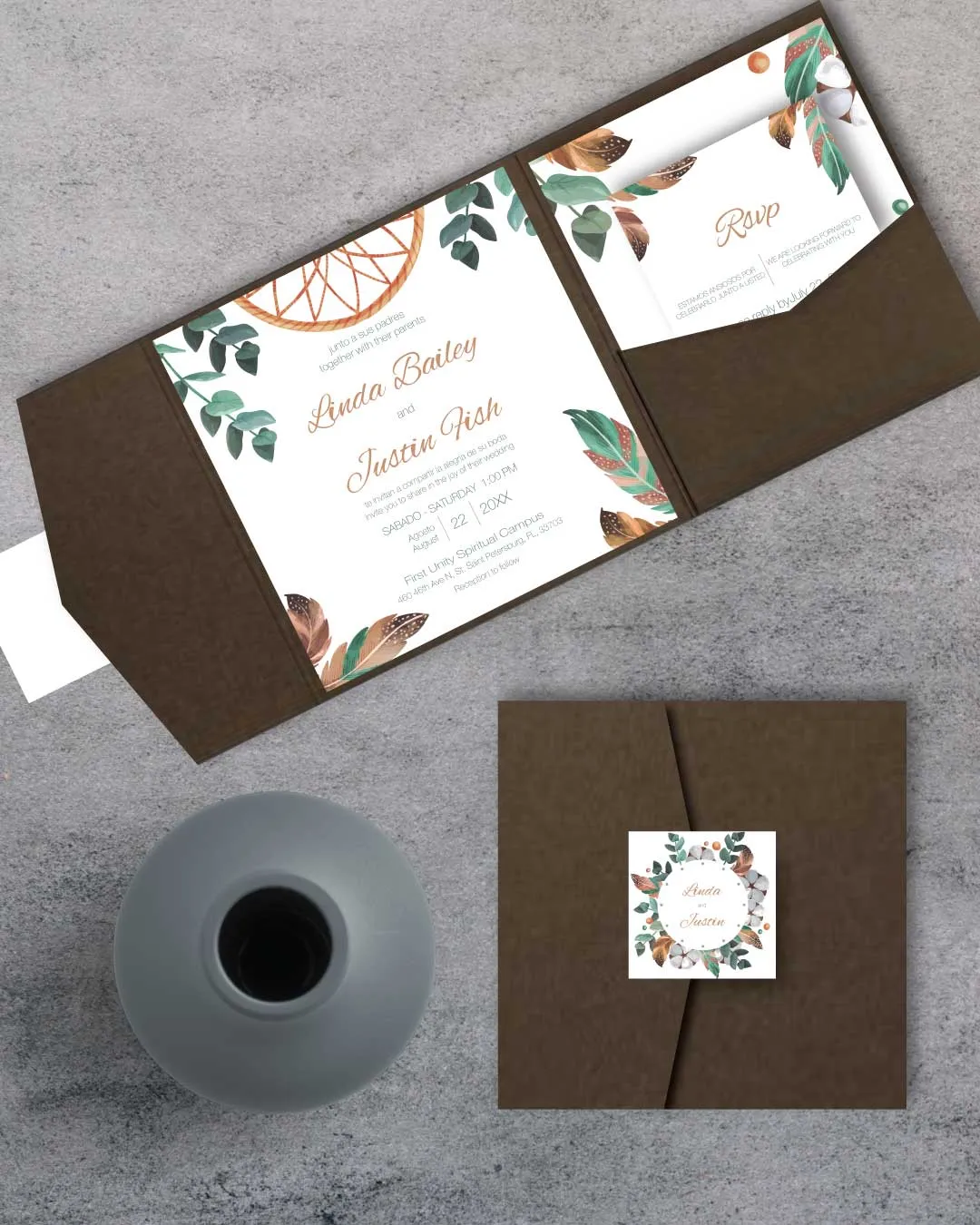 Boho Dreamcatcher 6 1/4 Square Himalaya Pocket Spanish & English Wedding Invitation