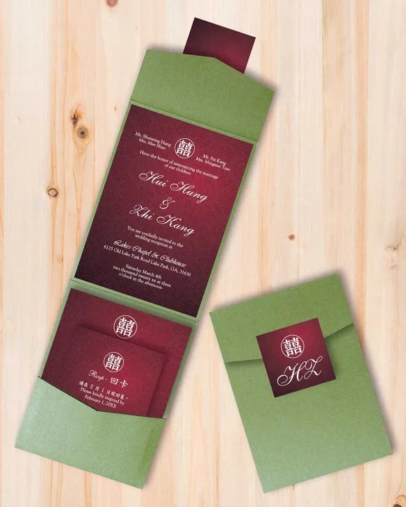 Chinese Ornamental Mandala A7 Cascade Pocket Vietnamese & English Wedding Invitation