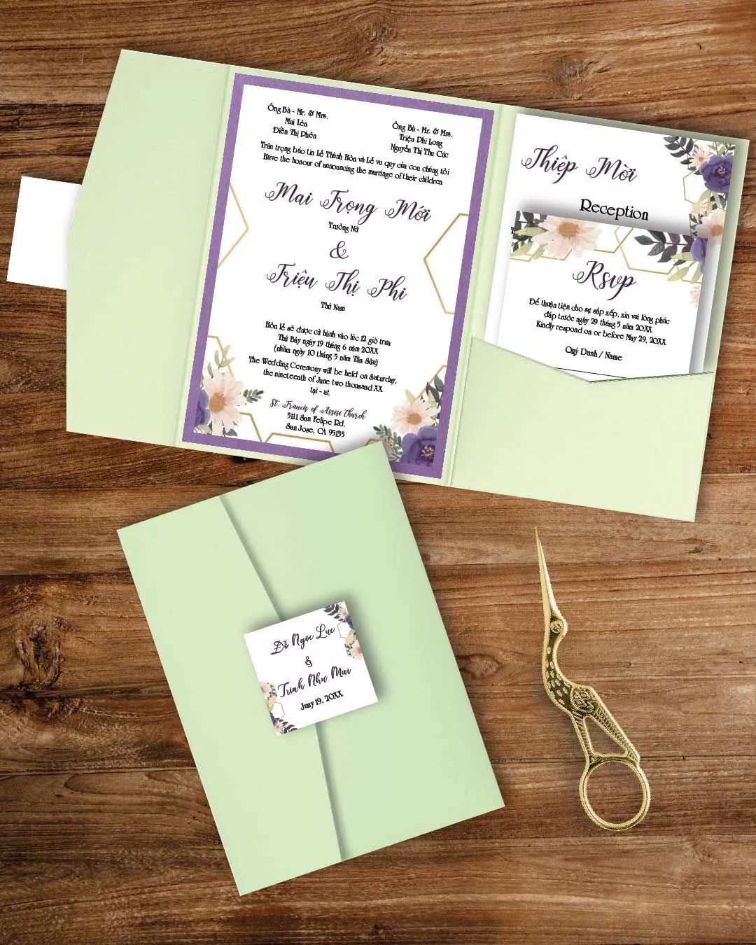 Geometric Design Watercolor A7 Himalaya Pocket Vietnamese & English Wedding Invitation