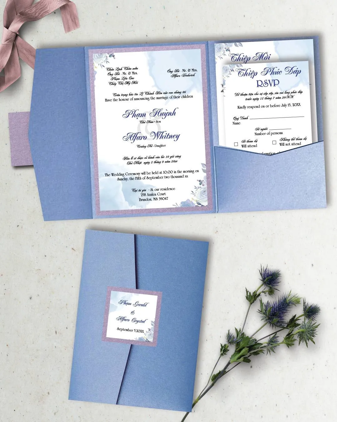 Sublime Blue Roses A7 Himalaya Pocket Vietnamese & English Wedding Invitation