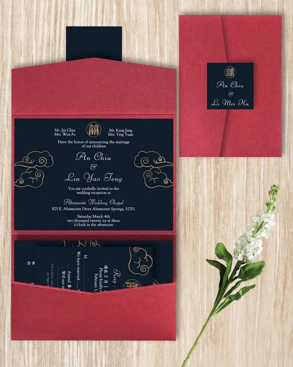 Chinese Golden Clouds A7 Atlas Pocket Wedding Invitation