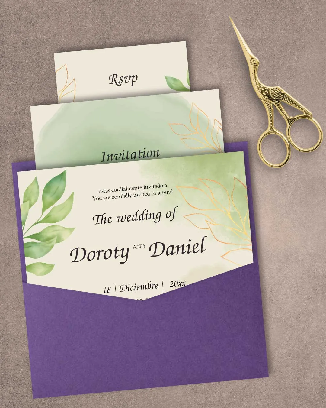 Delicate Watercolor Leaves 6 1/4 Square Denali Pocket Spanish & English Wedding Invitation