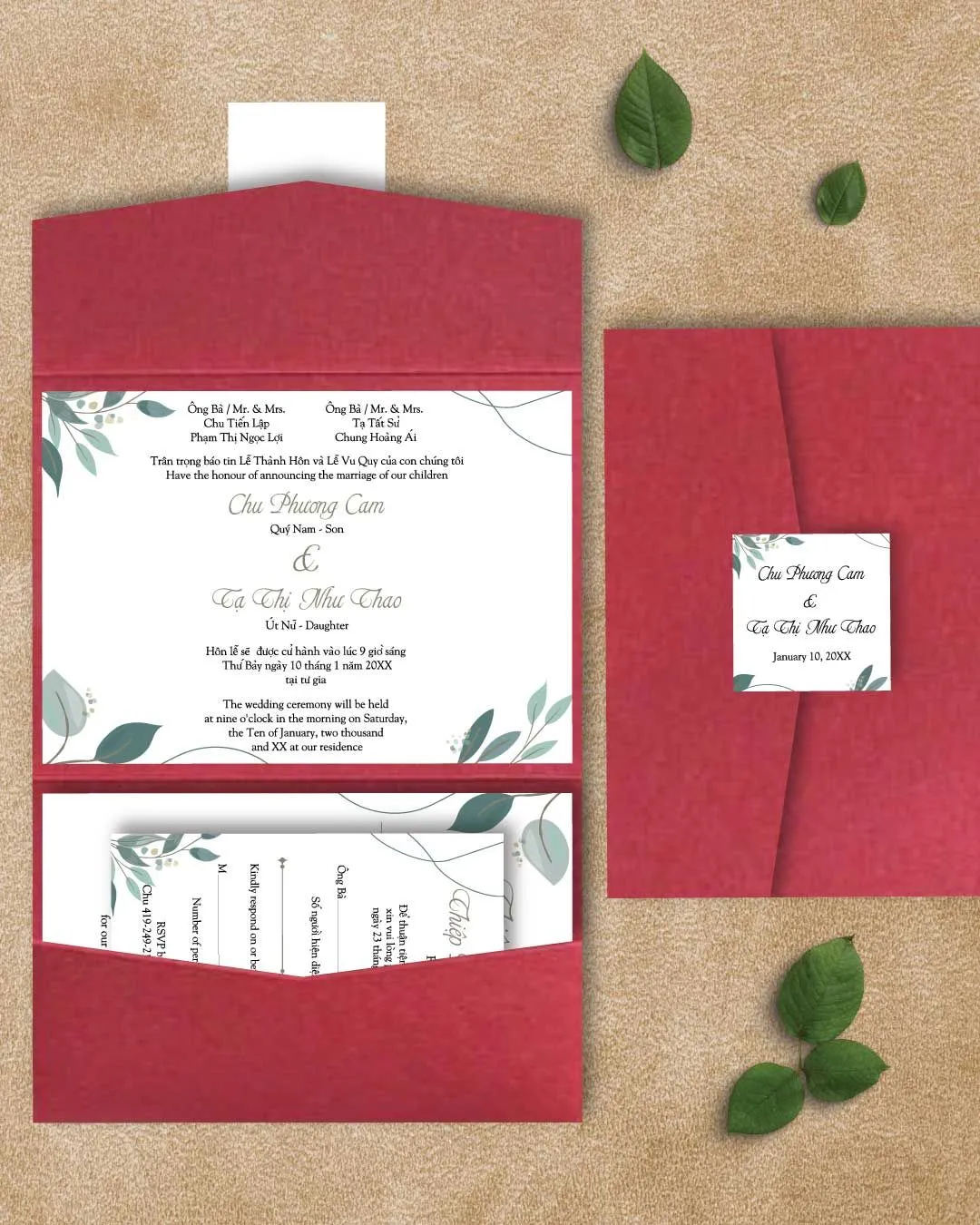Harold's Simple Design A7 Atlas Pocket Vietnamese & English Wedding Invitation