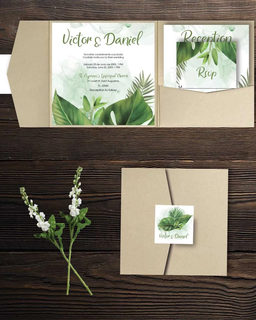 Green Leaves Design 6 1/4 Square Himalaya Pocket Spanish & English Wedding Invitation