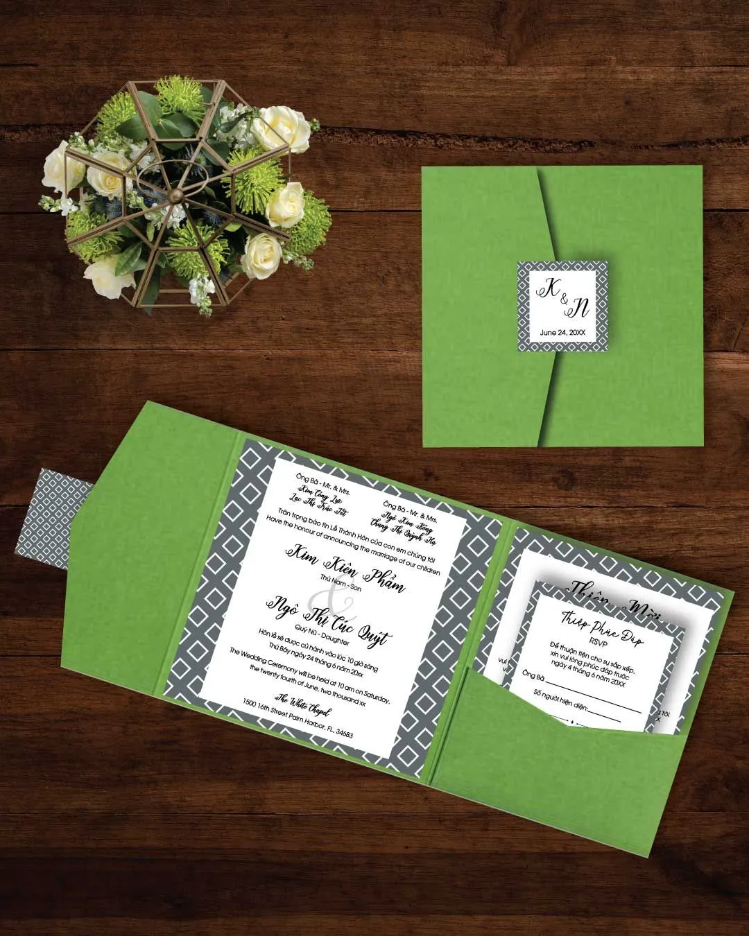 Abstract Geometric 6 1/4 Square Himalaya Pocket Vietnamese & English Wedding Invitation