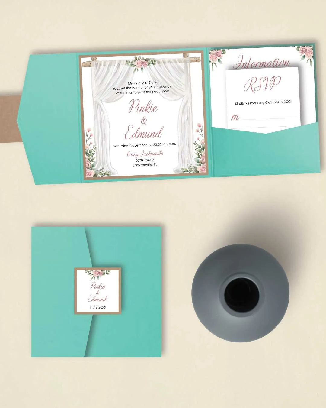 Captivating Roses 6 1/4 Square Himalaya Pocket Wedding Invitation