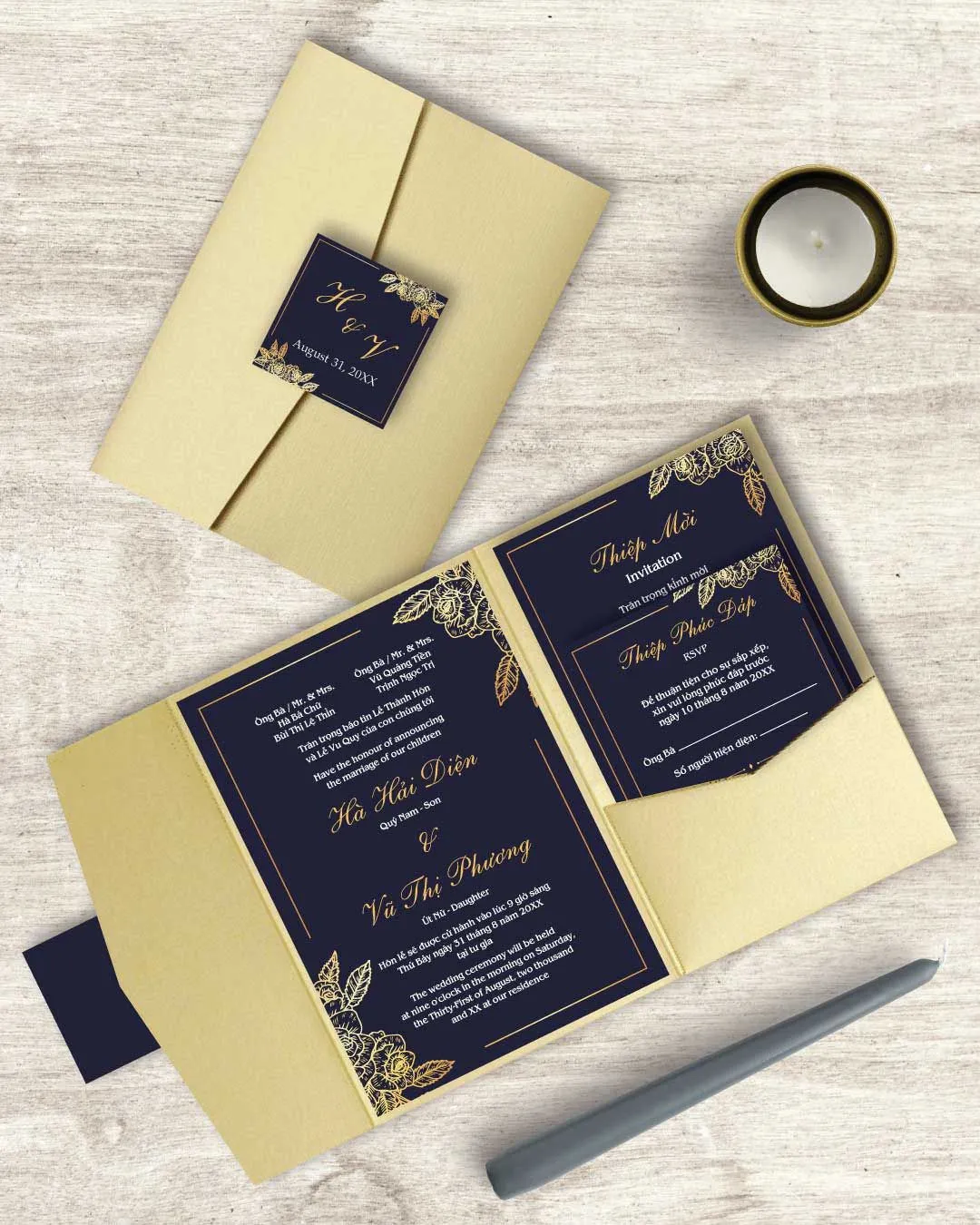 Realistic Golden Flowers A7 Himalaya Pocket Vietnamese & English Wedding Invitation