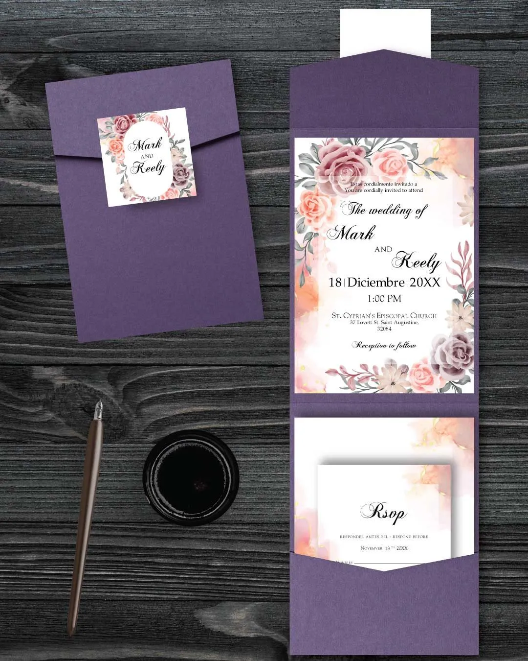 Flowers of spring Roses A7 Cascade Pocket Spanish & English Wedding Invitation