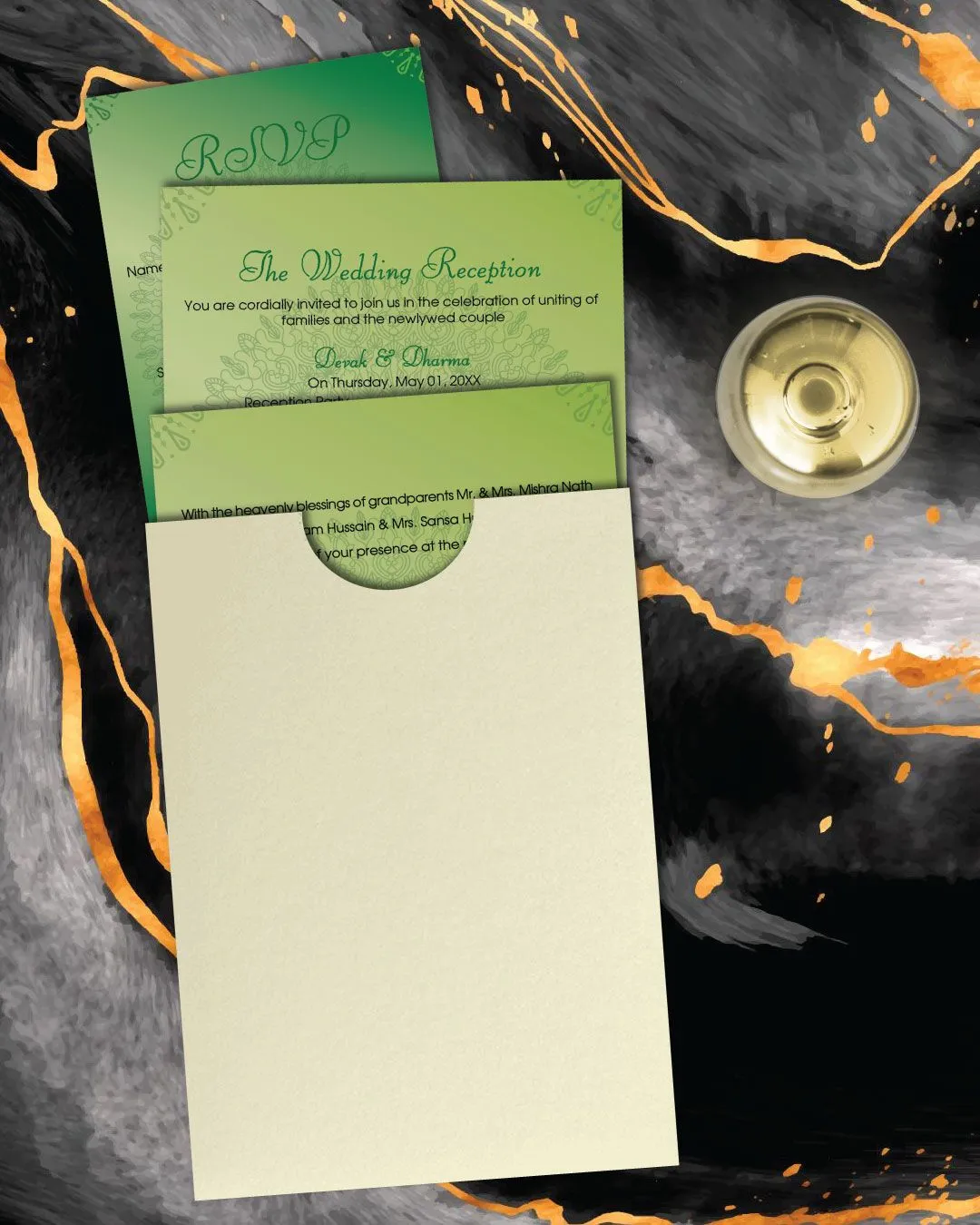 Green Hindu Design A7 Sleeve Pocket Wedding Invitation