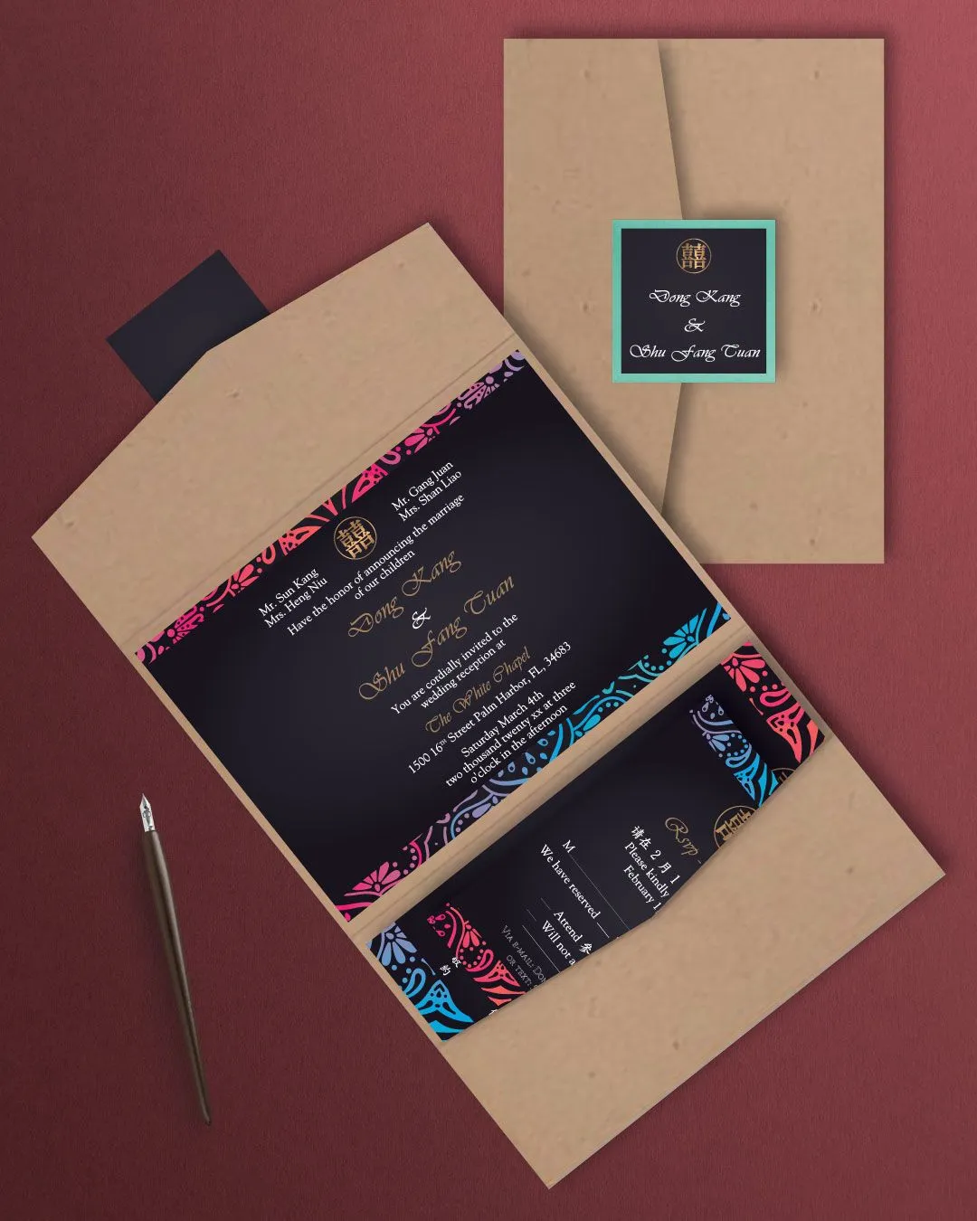 Mandala in Different Colors A7 Atlas Pocket Wedding Invitation