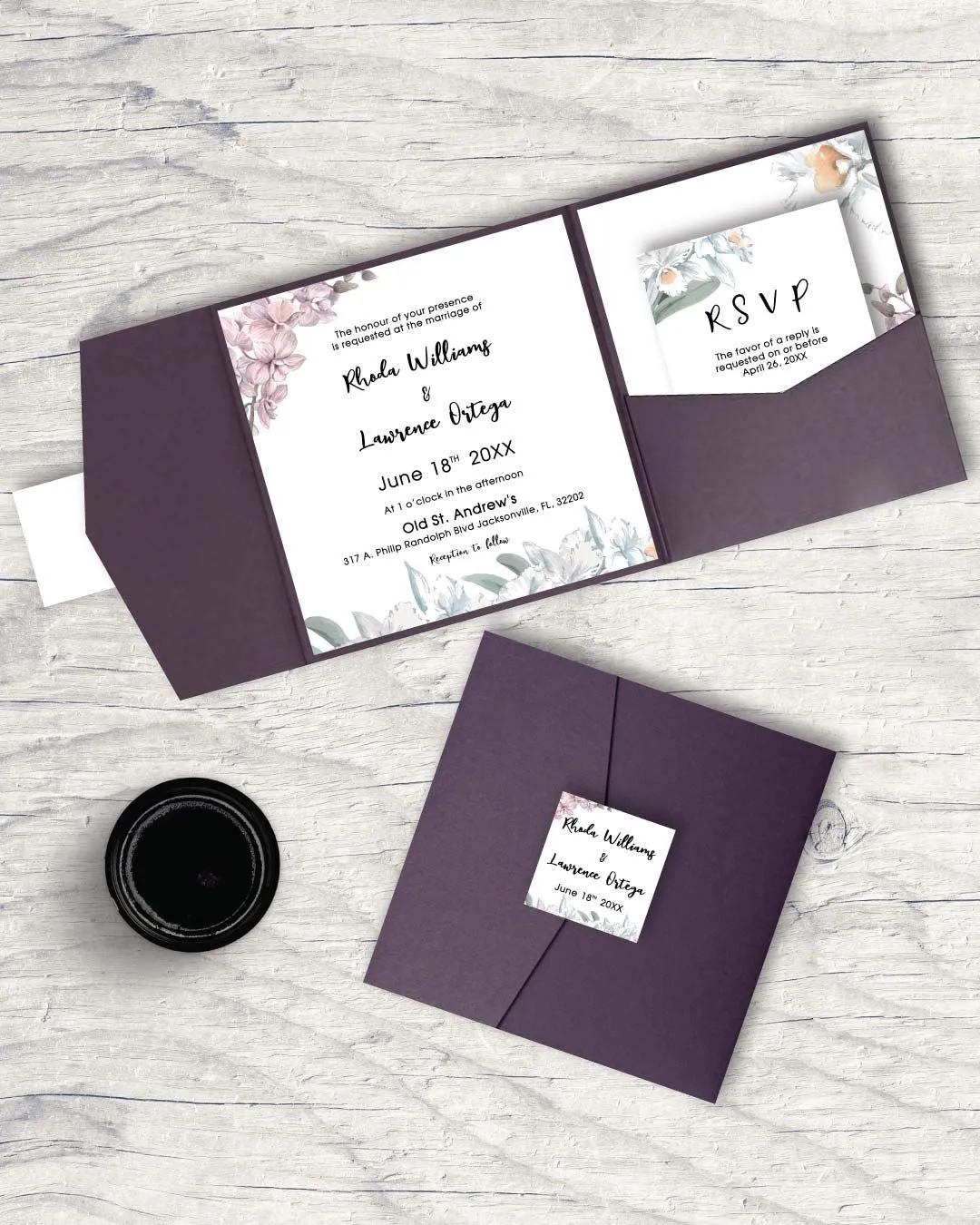 Floral Wedding 6 1/4 Square Himalaya Pocket Wedding Invitation