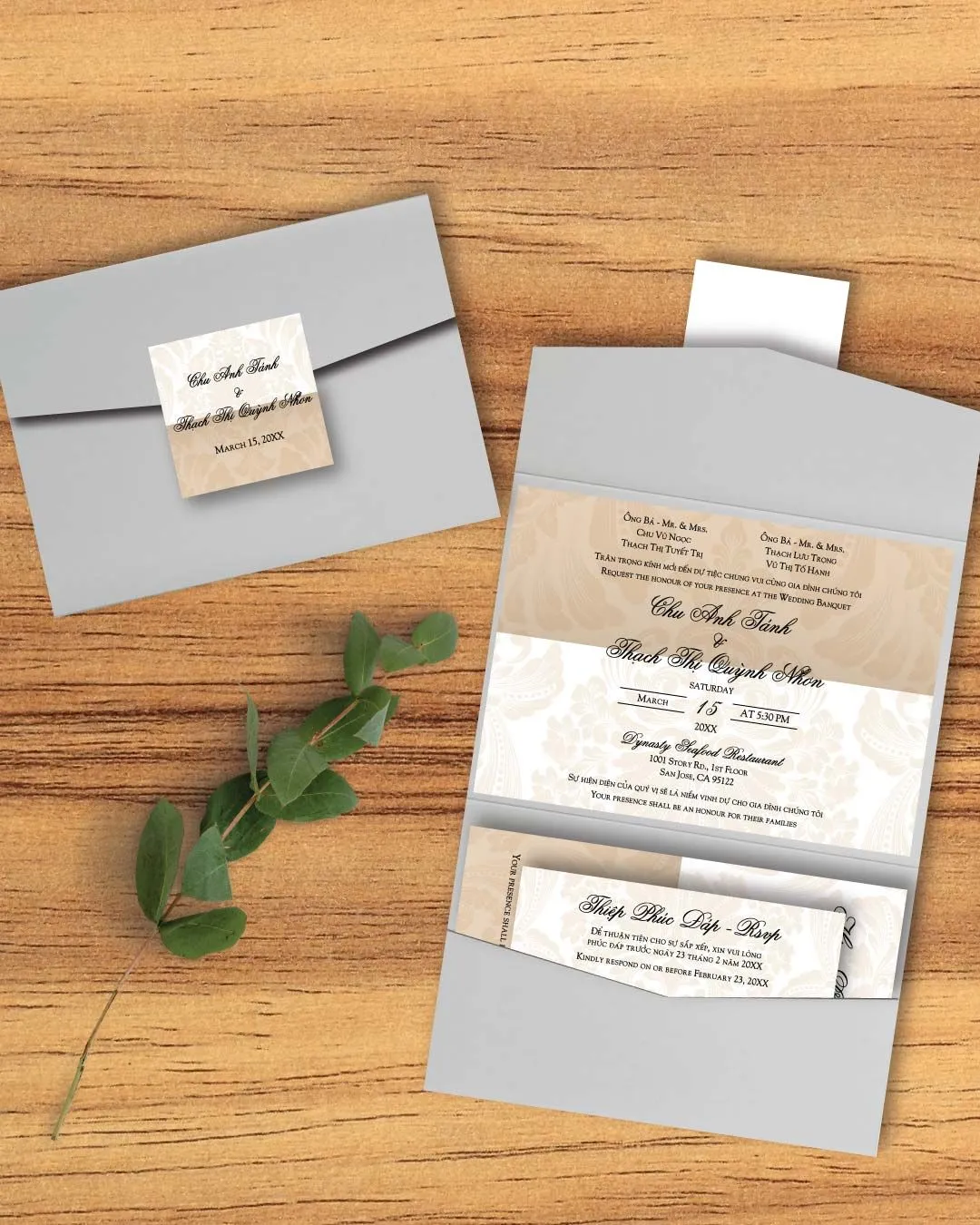 Elegant Floral Elements A7 Atlas Pocket Vietnamese & English Wedding Invitation