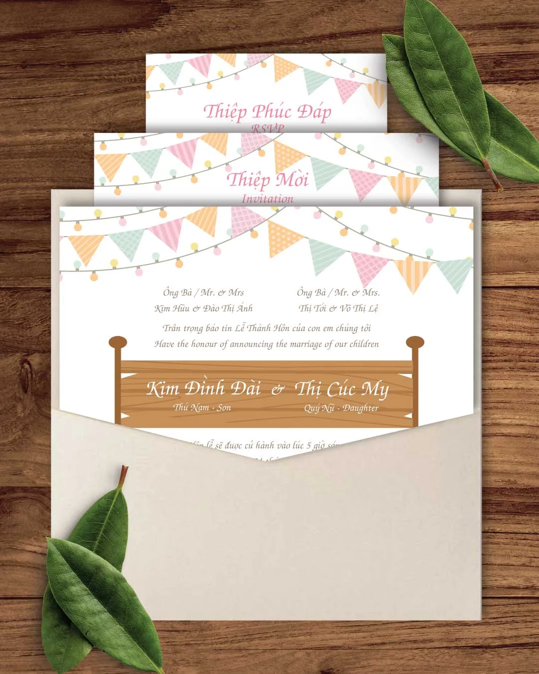 Garden Party and Pennants 6 1/4 Square Denali Pocket Vietnamese & English Wedding Invitation