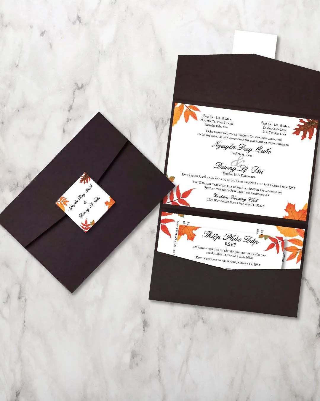 Simple Autumn Theme A7 Atlas Pocket Vietnamese & English Wedding Invitation