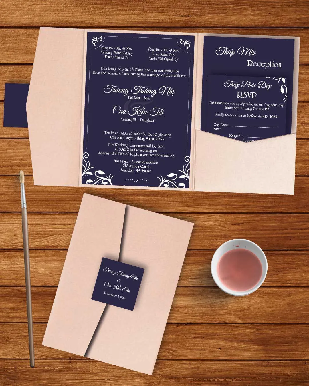 Beautiful Borders A7 Himalaya Pocket Vietnamese & English Wedding Invitation