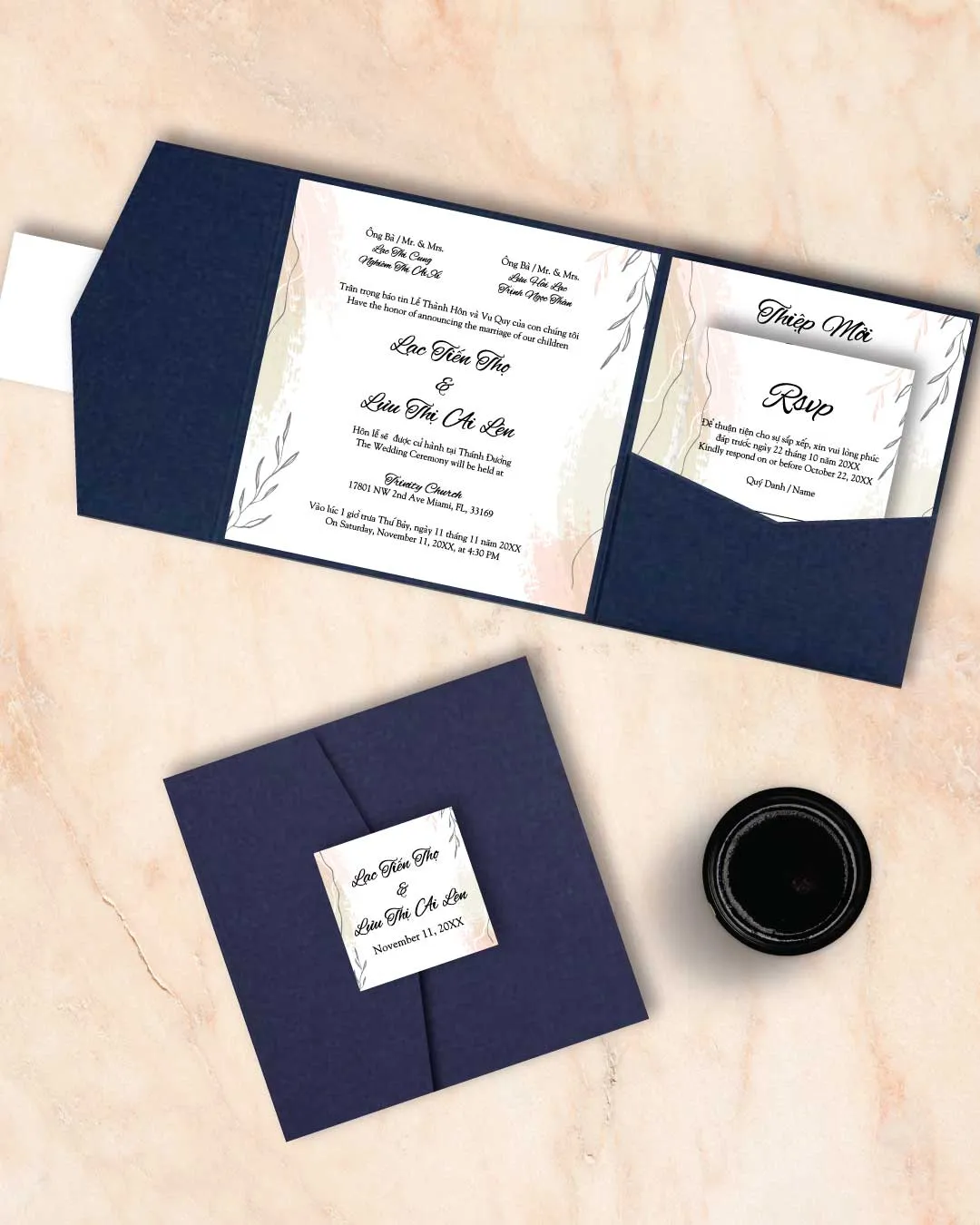 Hand Drawn Minimal 6 1/4 Square Himalaya Pocket Vietnamese & English Wedding Invitation
