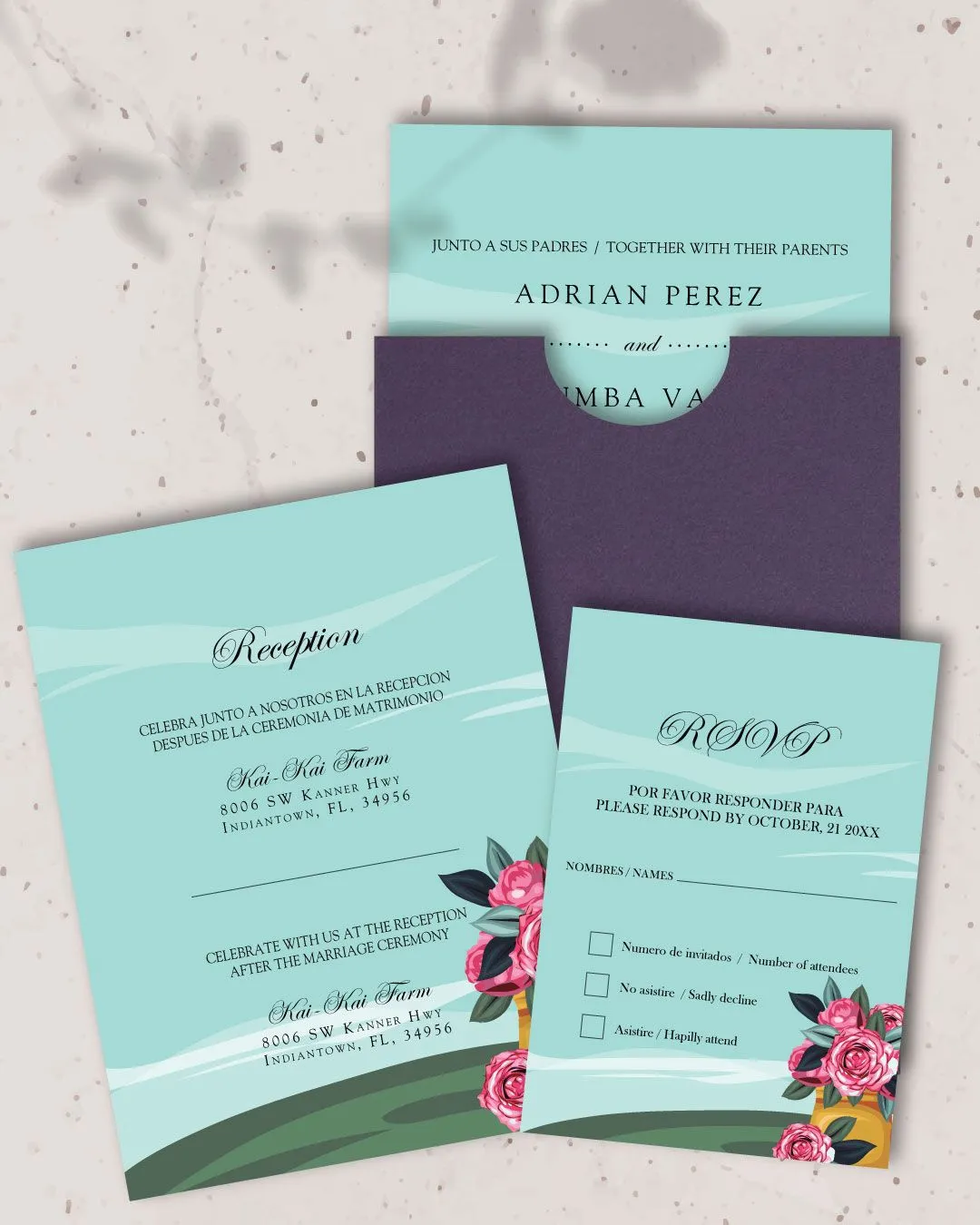 Landscape Pink Flowers A7 Sleeve Pocket Spanish & English Wedding Invitation