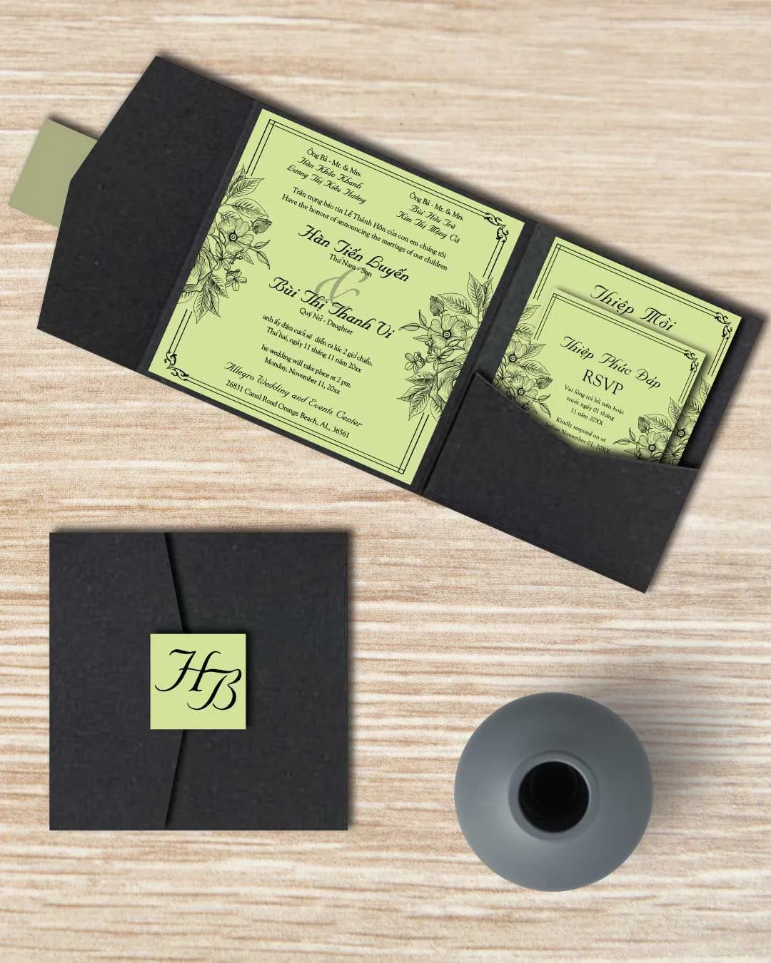 Flower Frames 6 1/4 Square Himalaya Pocket Vietnamese & English Wedding Invitation