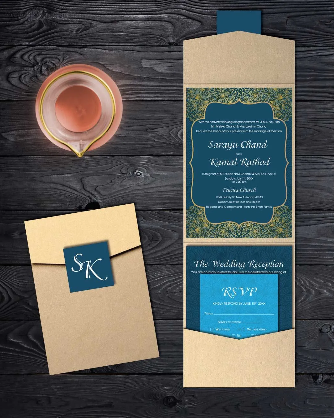Hindu Mandala A7 Cascade Pocket Wedding Invitation