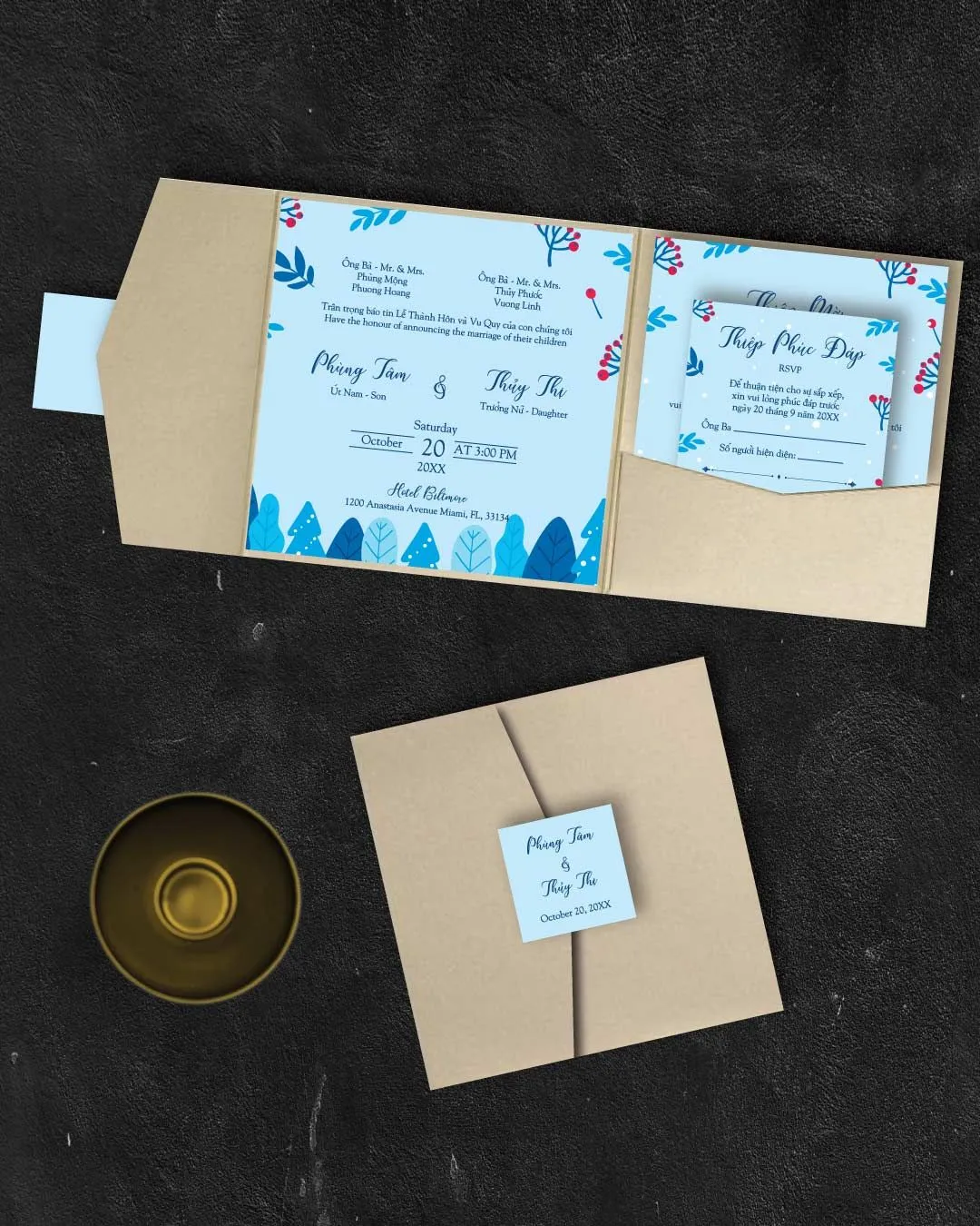 Winter 6 1/4 Square Himalaya Pocket Vietnamese & English Wedding Invitation