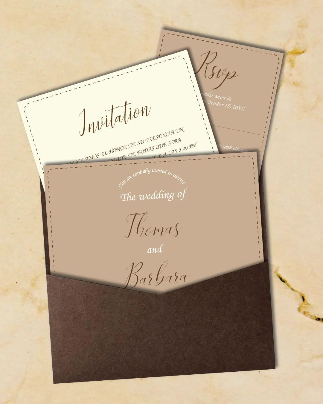 Border Sew Brown 6 1/4 Square Denali Pocket Spanish & English Wedding Invitation