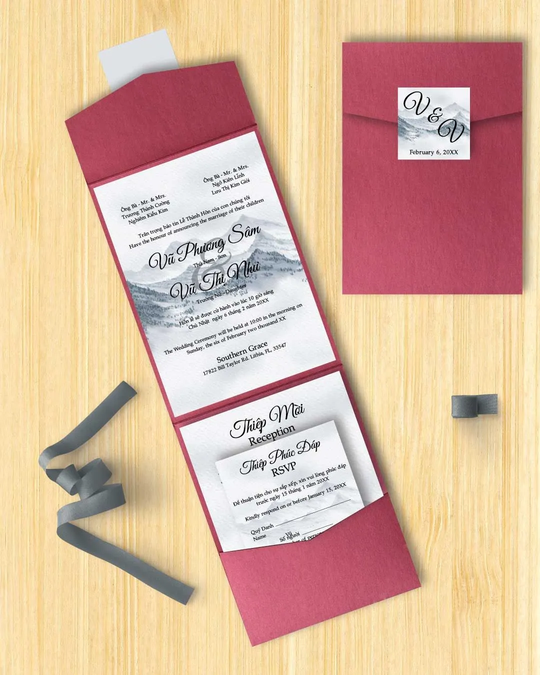 Snowy Pine Forest A7 Cascade Pocket Vietnamese & English Wedding Invitation