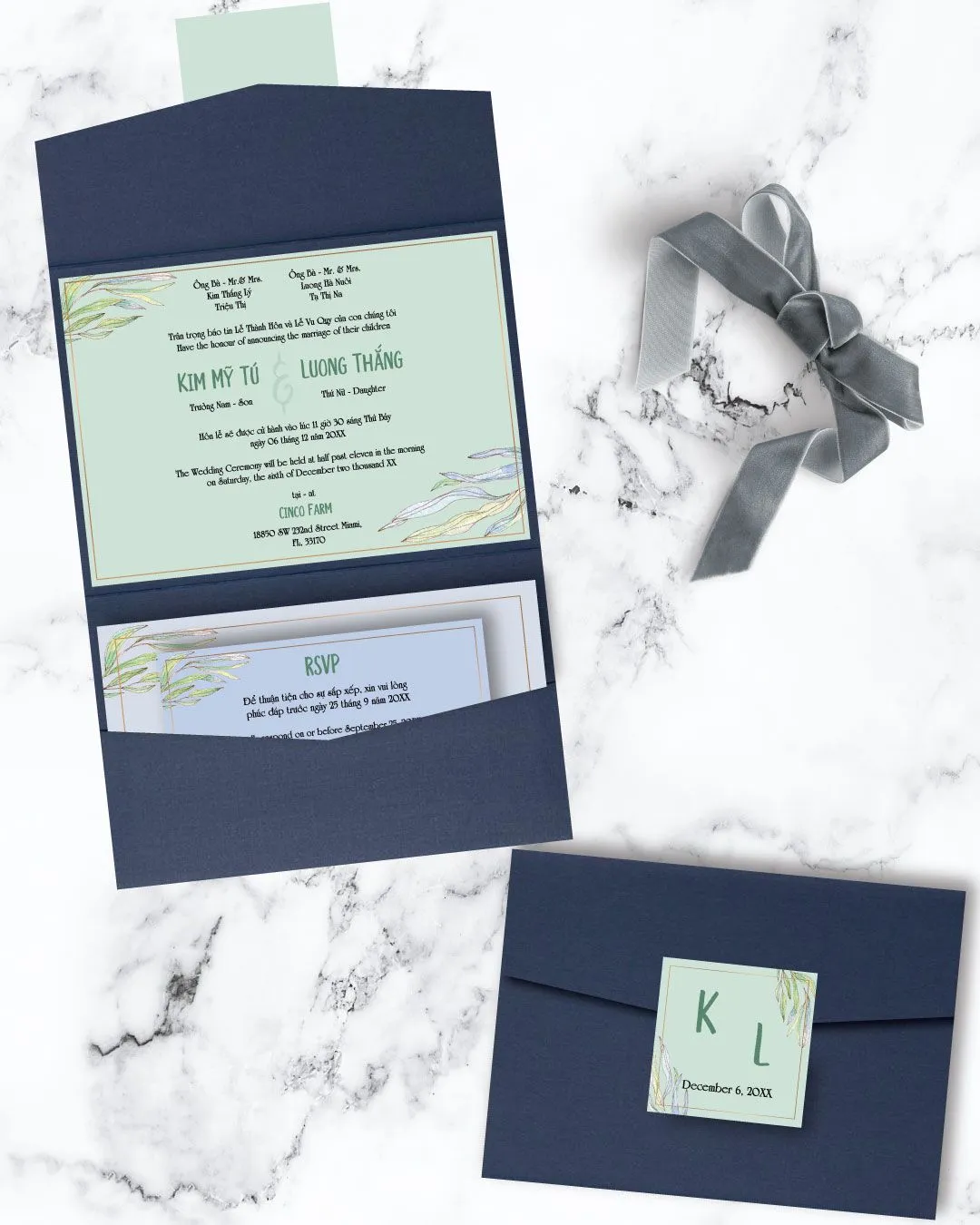 Blue Green Algae Design A7 Atlas Pocket Vietnamese & English Wedding Invitation