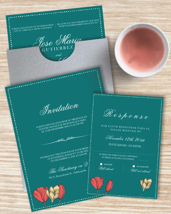 Turquoise Flowers A7 Sleeve Pocket Spanish & English Wedding Invitation