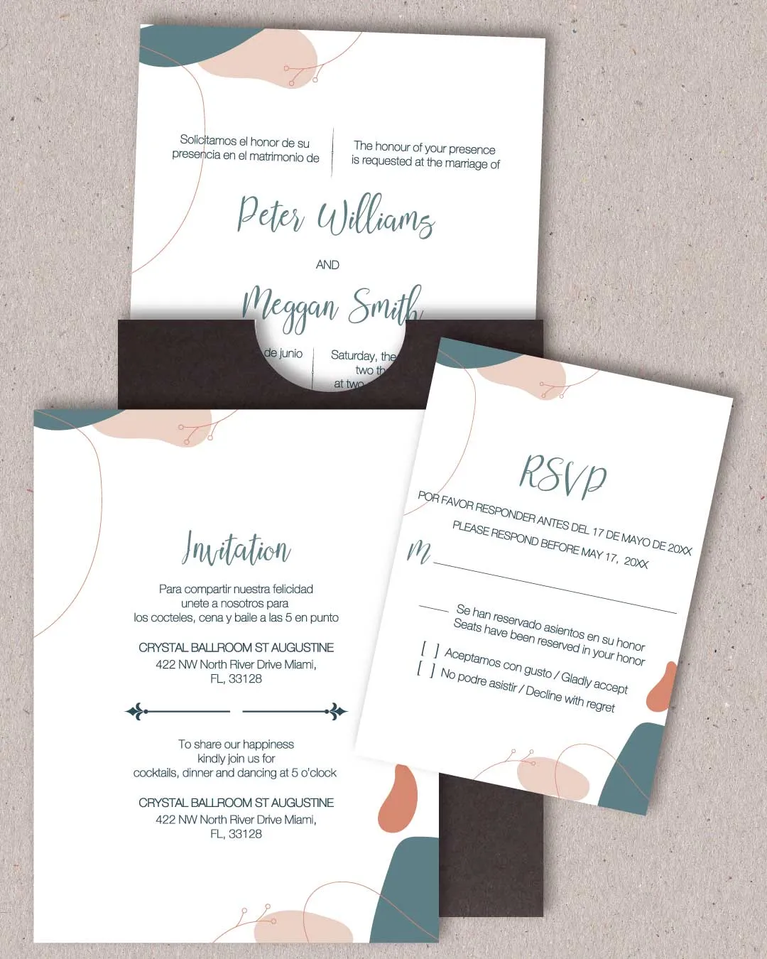 Organic Flat Minimal A7 Sleeve Pocket Spanish & English Wedding Invitation