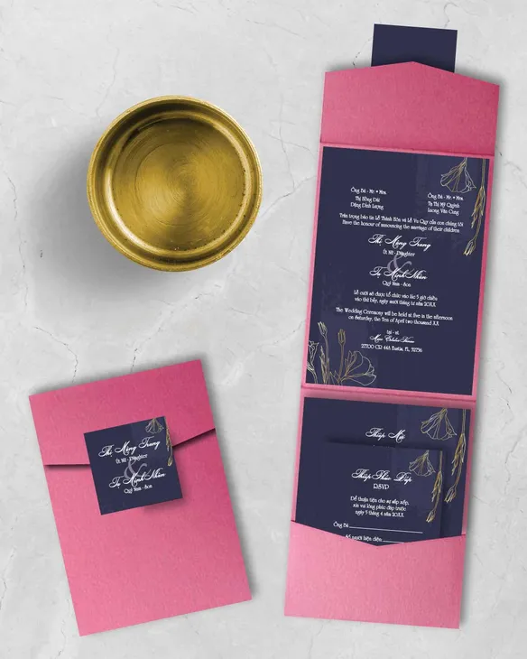 Minimalist Dark Blue A7 Cascade Pocket Vietnamese & English Wedding Invitation