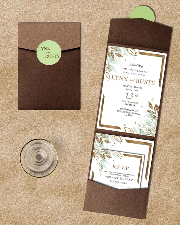 Green and Bronze Leaves A7 Cascade Pocket Spanish & English Wedding Invitation