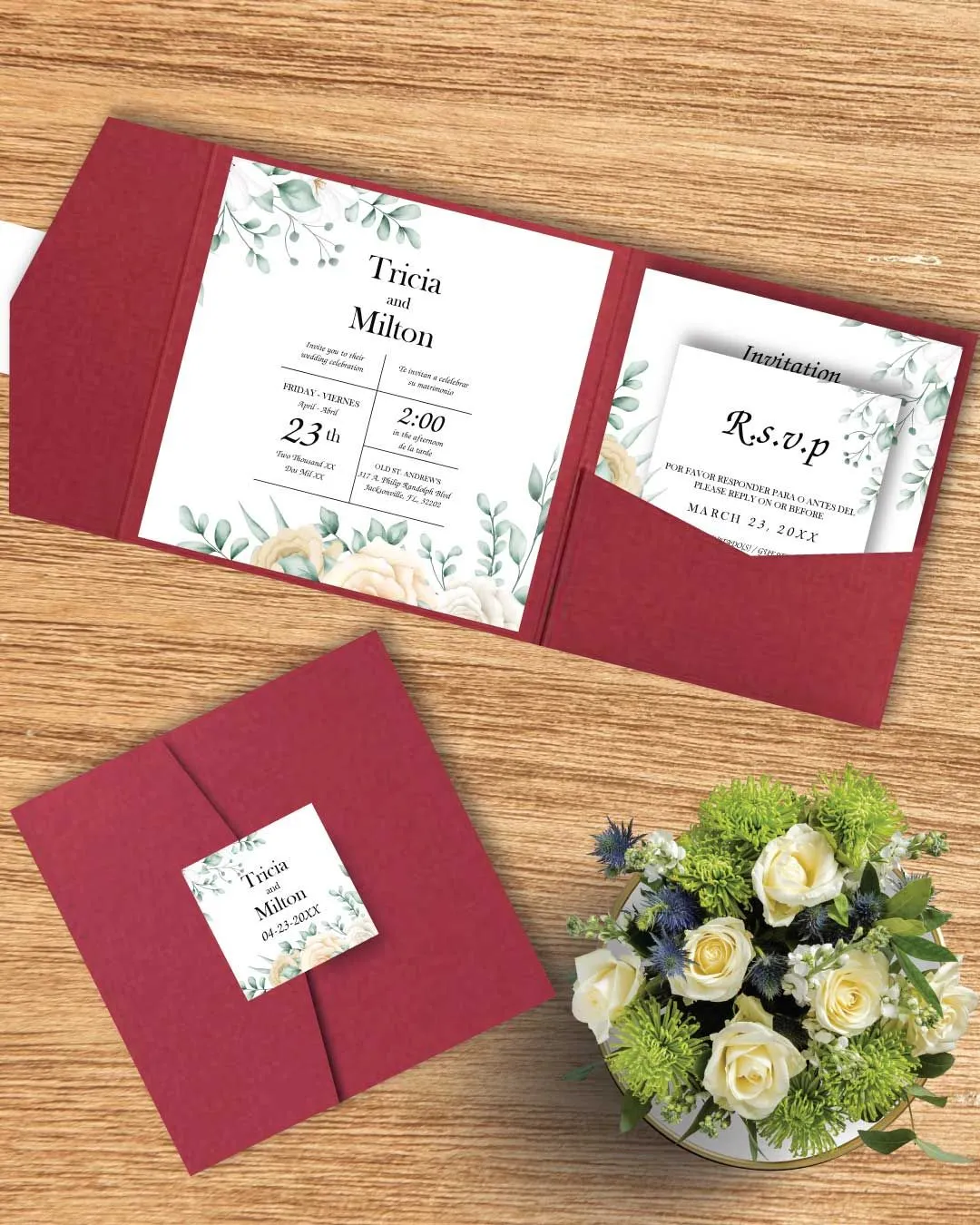 Modest design with Flowers 6 1/4 Square Himalaya Pocket Spanish & English Wedding Invitation