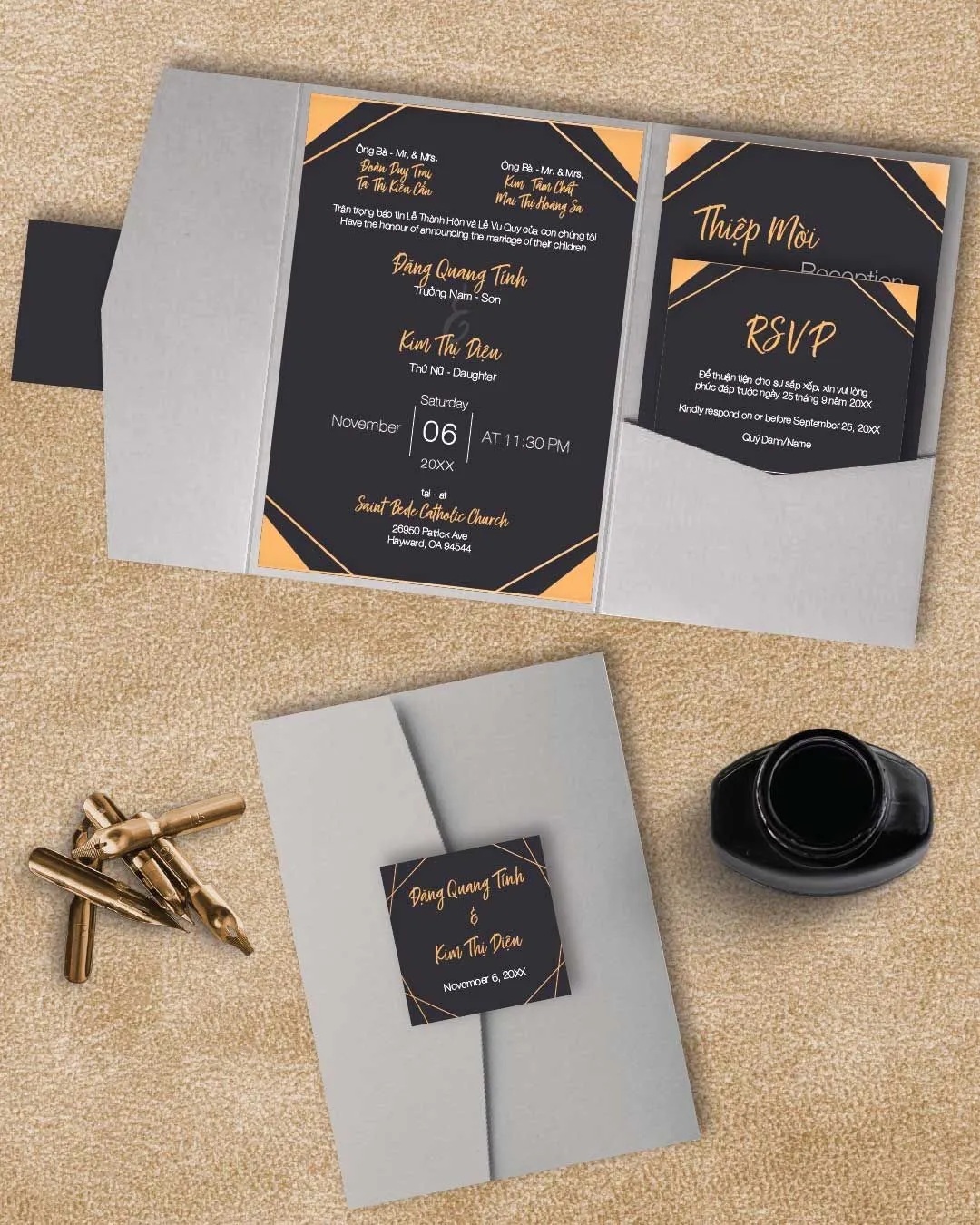 Geometric Orange Borders A7 Himalaya Pocket Vietnamese & English Wedding Invitation