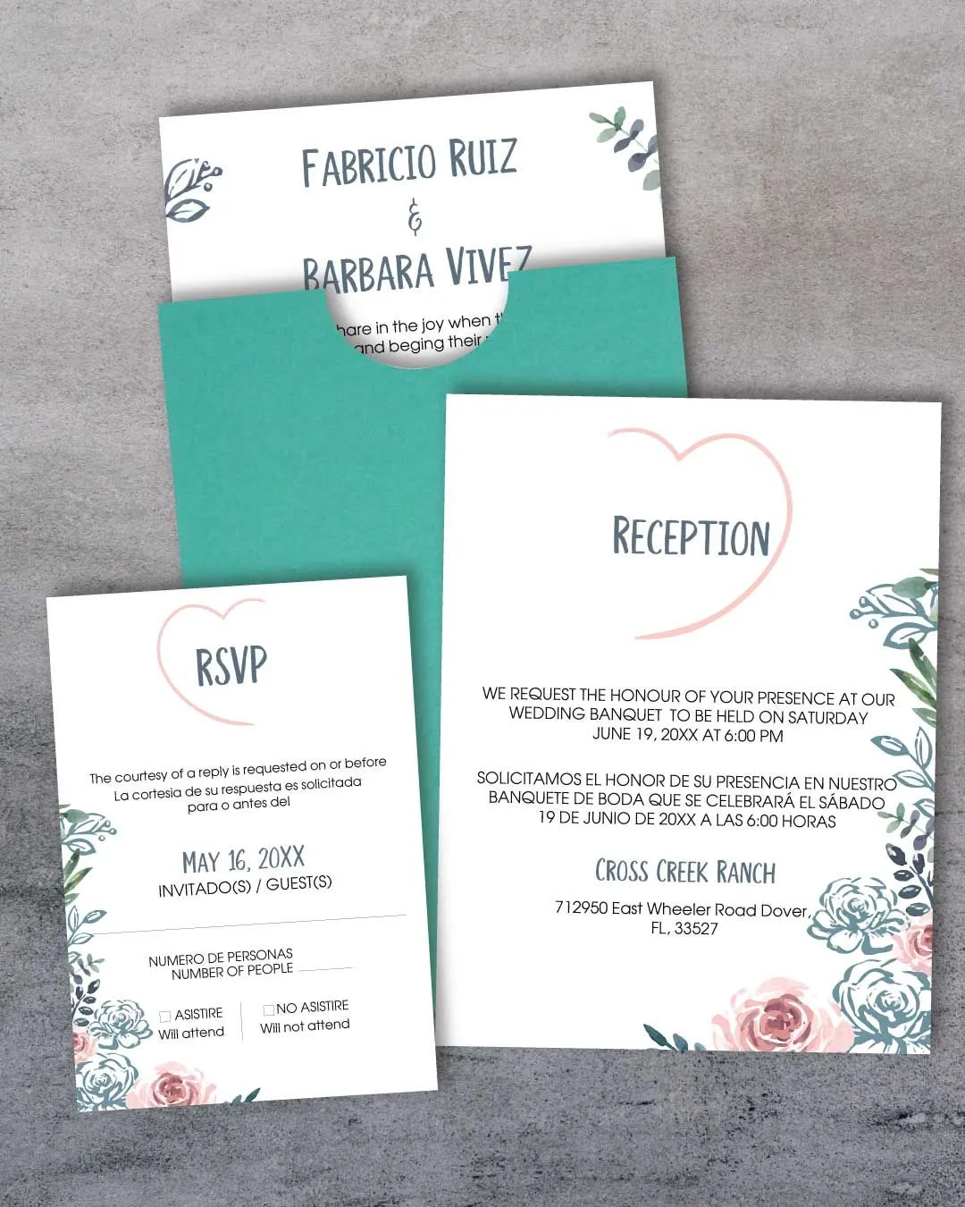 Simple Sweet Flowers A7 Sleeve Pocket Wedding Invitation