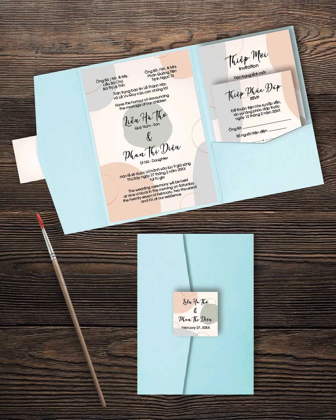 Minimalist Theme Circles A7 Himalaya Pocket Vietnamese & English Wedding Invitation