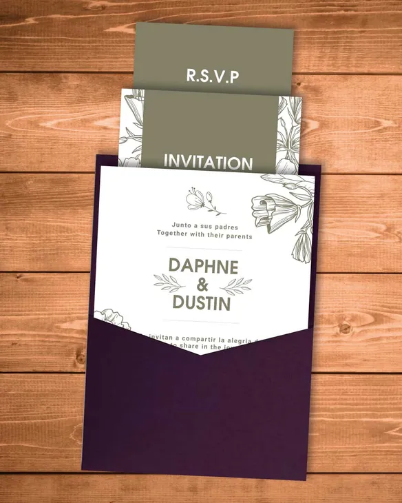 Beautiful Minimalist Flowers A7 Denali Pocket Spanish & English Wedding Invitation