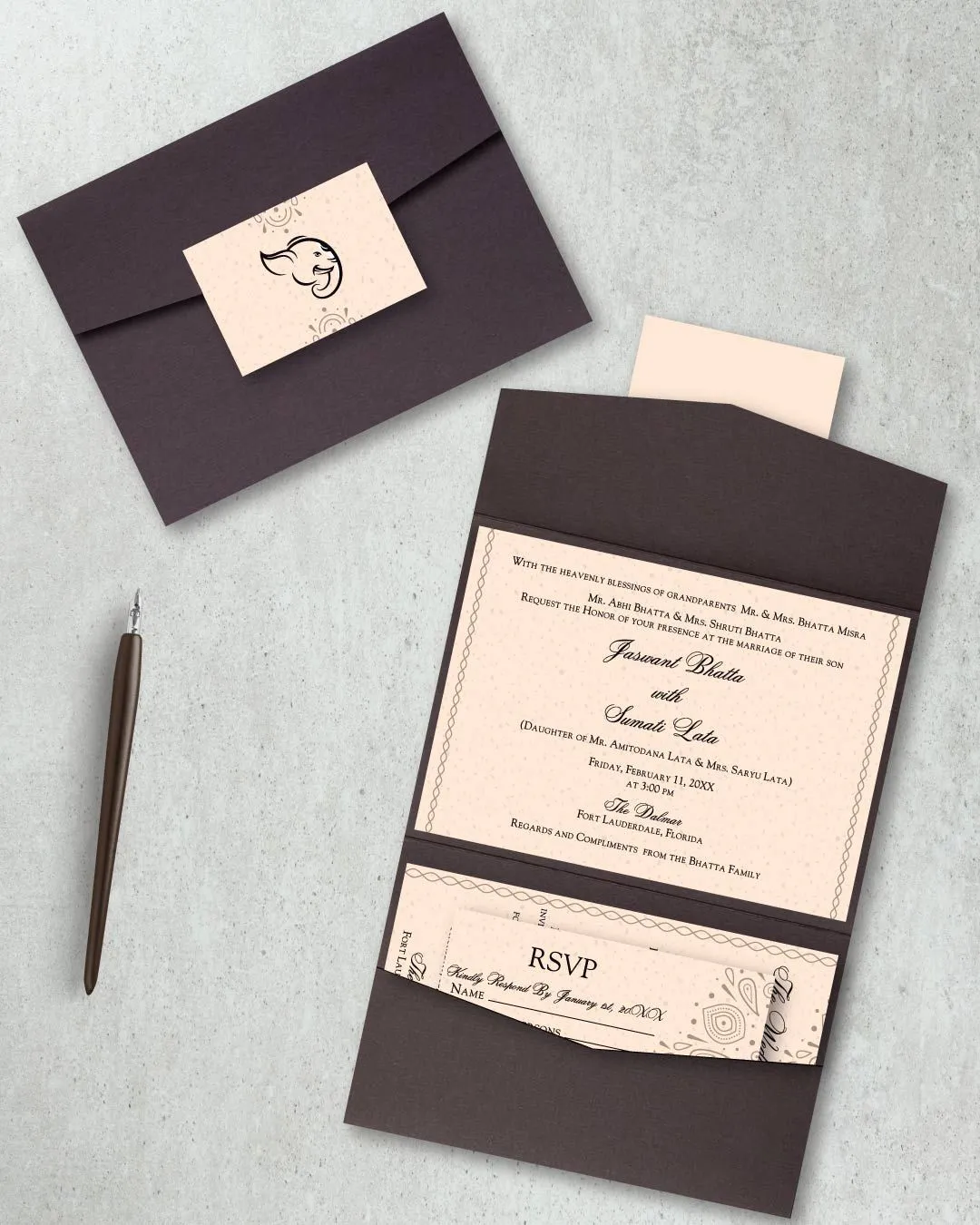 Brown Braid Border A7 Atlas Pocket Wedding Invitation
