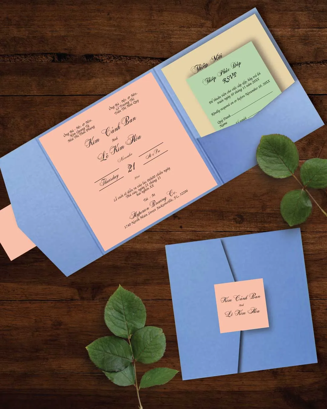 Different Solid Colors 6 1/4 Square Himalaya Pocket Vietnamese & English Wedding Invitation