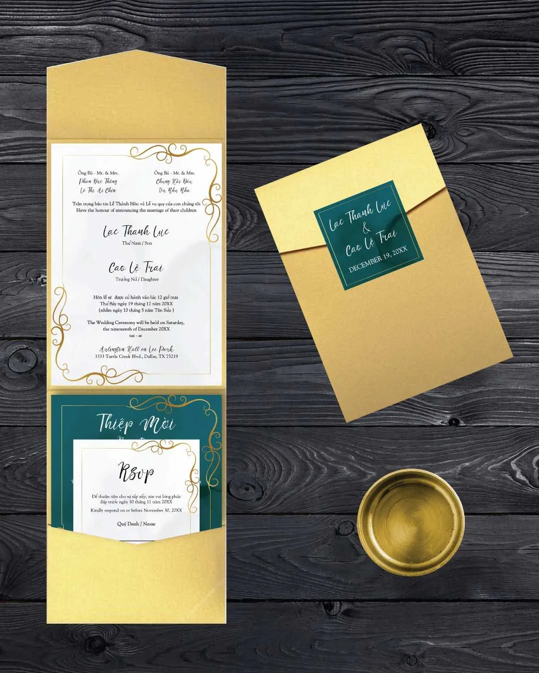 Marble Texture with Frame A7 Cascade Pocket Vietnamese & English Wedding Invitation
