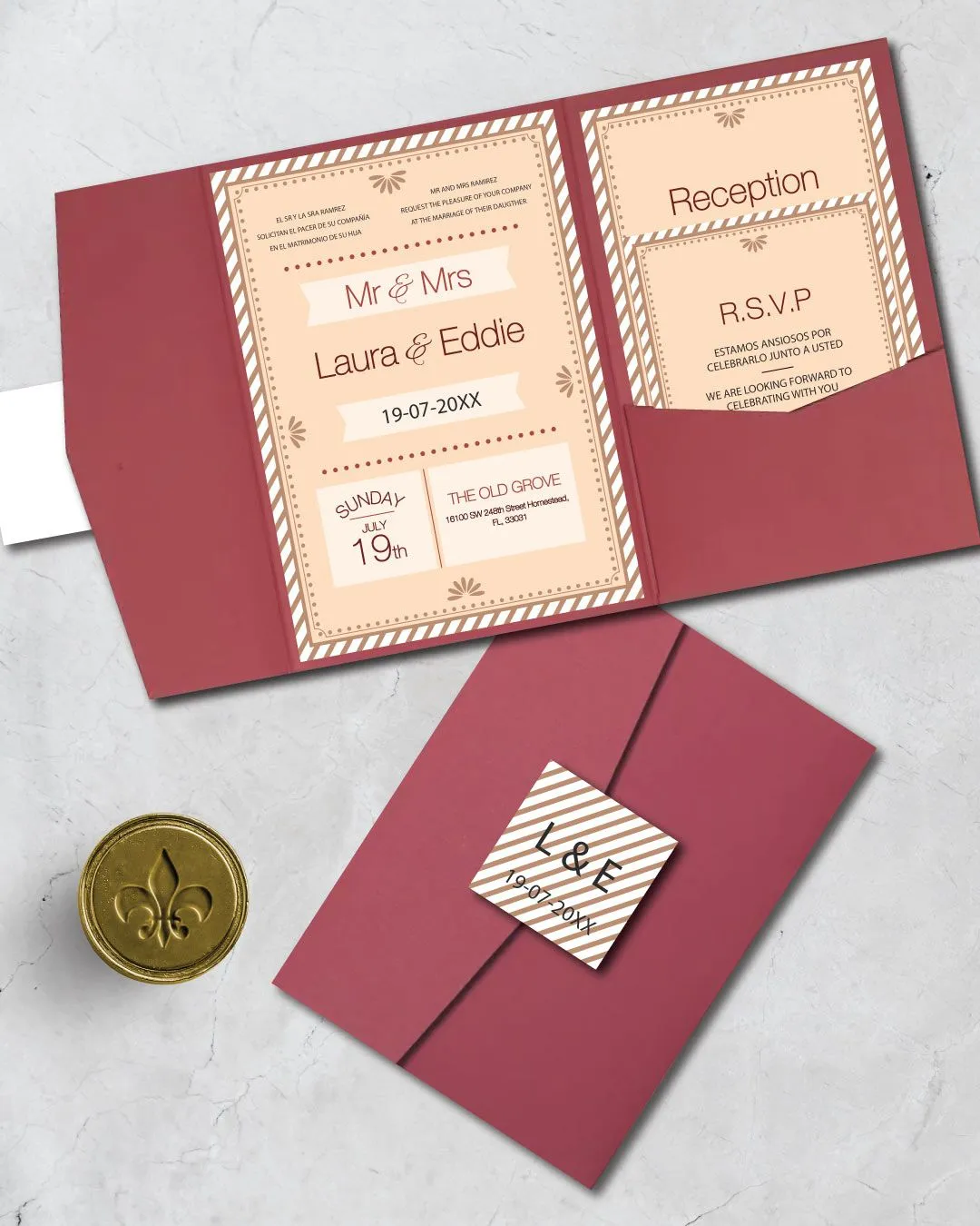 Vintage Decorated Borders A7 Himalaya Pocket Spanish & English Wedding Invitation