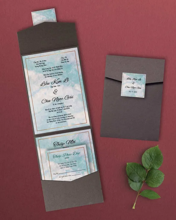 Blue Marble A7 Cascade Pocket Vietnamese & English Wedding Invitation