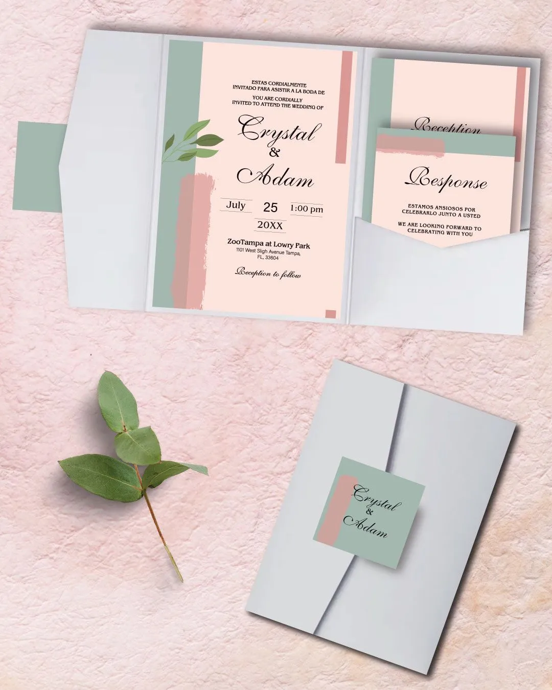Minimalist Pink Leaves A7 Himalaya Pocket Spanish & English Wedding Invitation