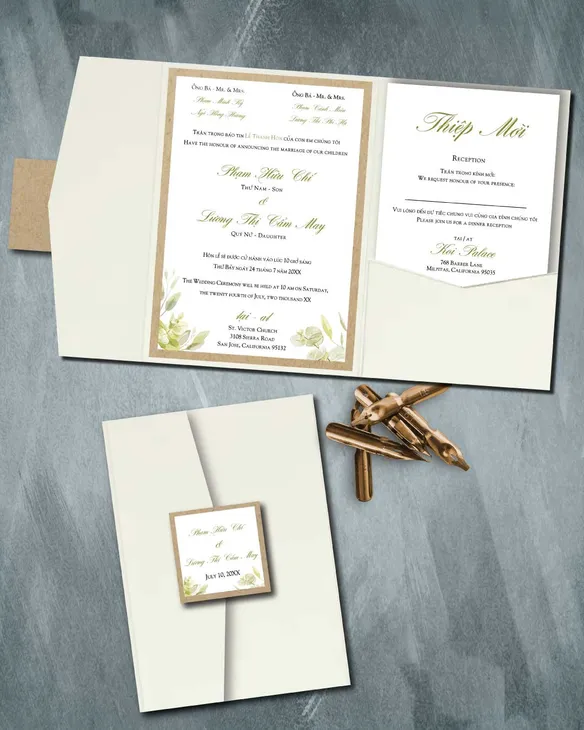 Simple Olive Letters A7 Himalaya Pocket Vietnamese & English Wedding Invitation