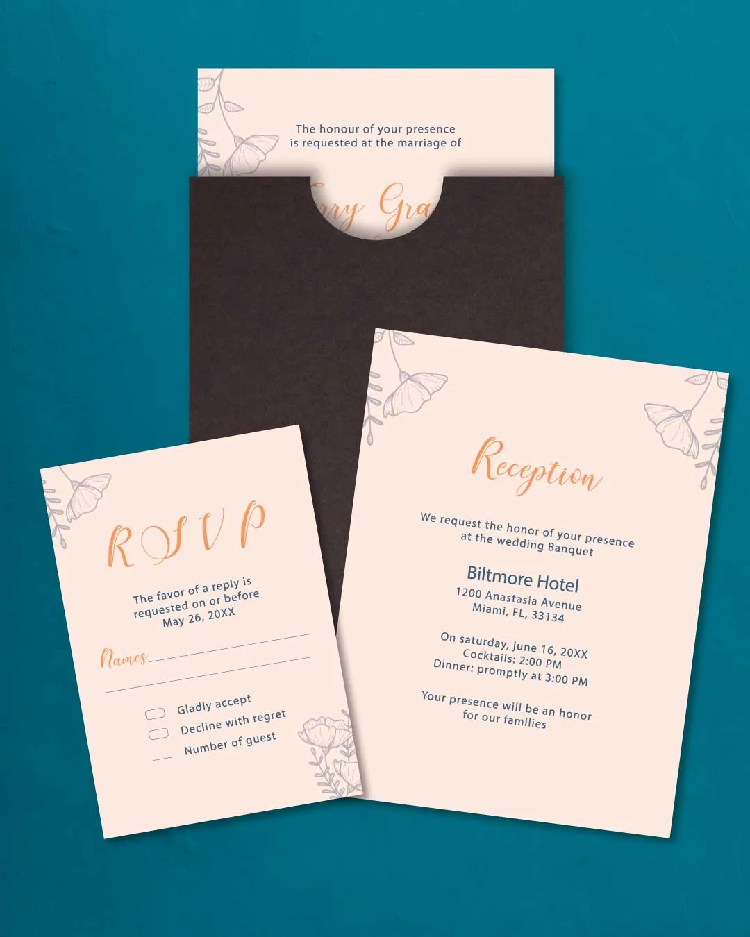 Gray Minimalist Flowers A7 Sleeve Pocket Spanish & English Wedding Invitation