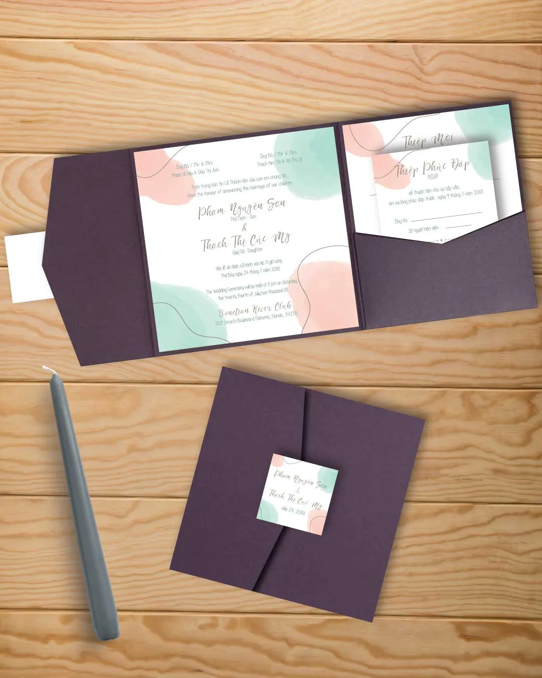 Watercolor 6 1/4 Square Himalaya Pocket Vietnamese & English Wedding Invitation