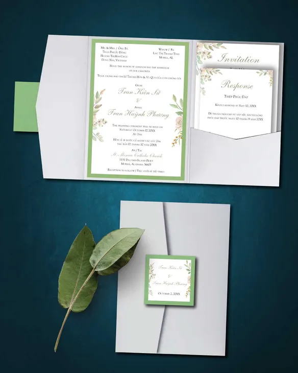 Elegant Floral Green A7 Himalaya Pocket Vietnamese & English Wedding Invitation