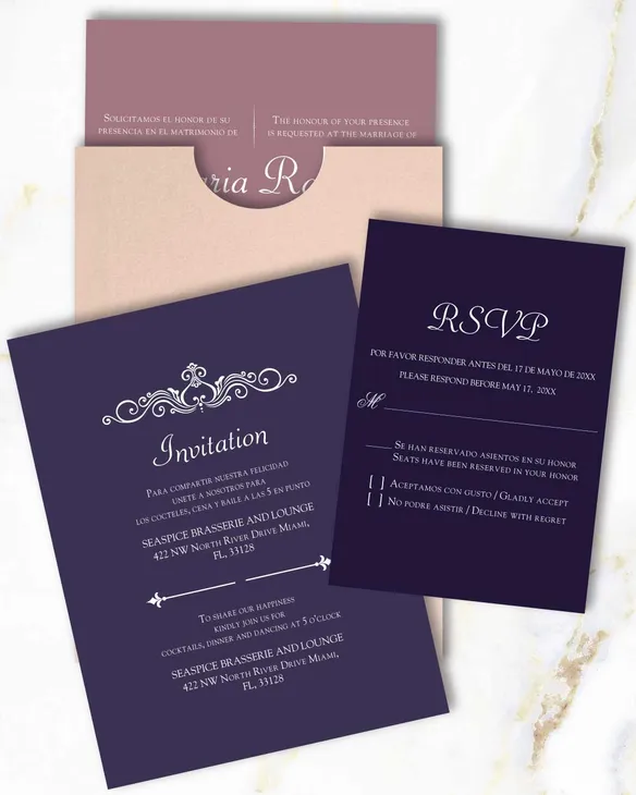 Purple Color Palette A7 Sleeve Pocket Spanish & English Wedding Invitation