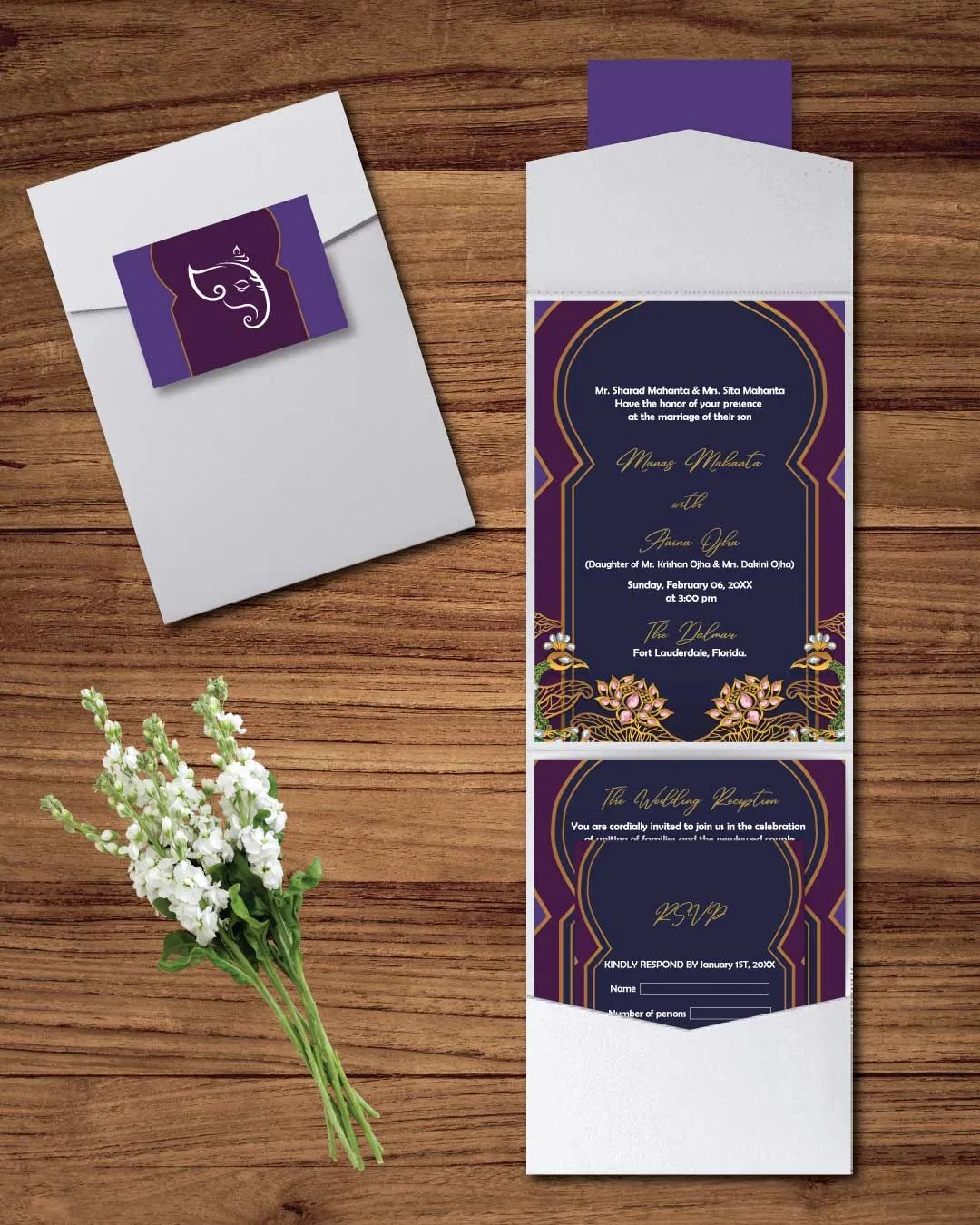 Beautiful Peacock and Flowers A7 Cascade Pocket Wedding Invitation
