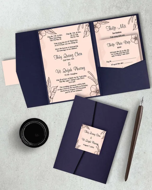 Tropical Uncontoured Leaves A7 Himalaya Pocket Vietnamese & English Wedding Invitation